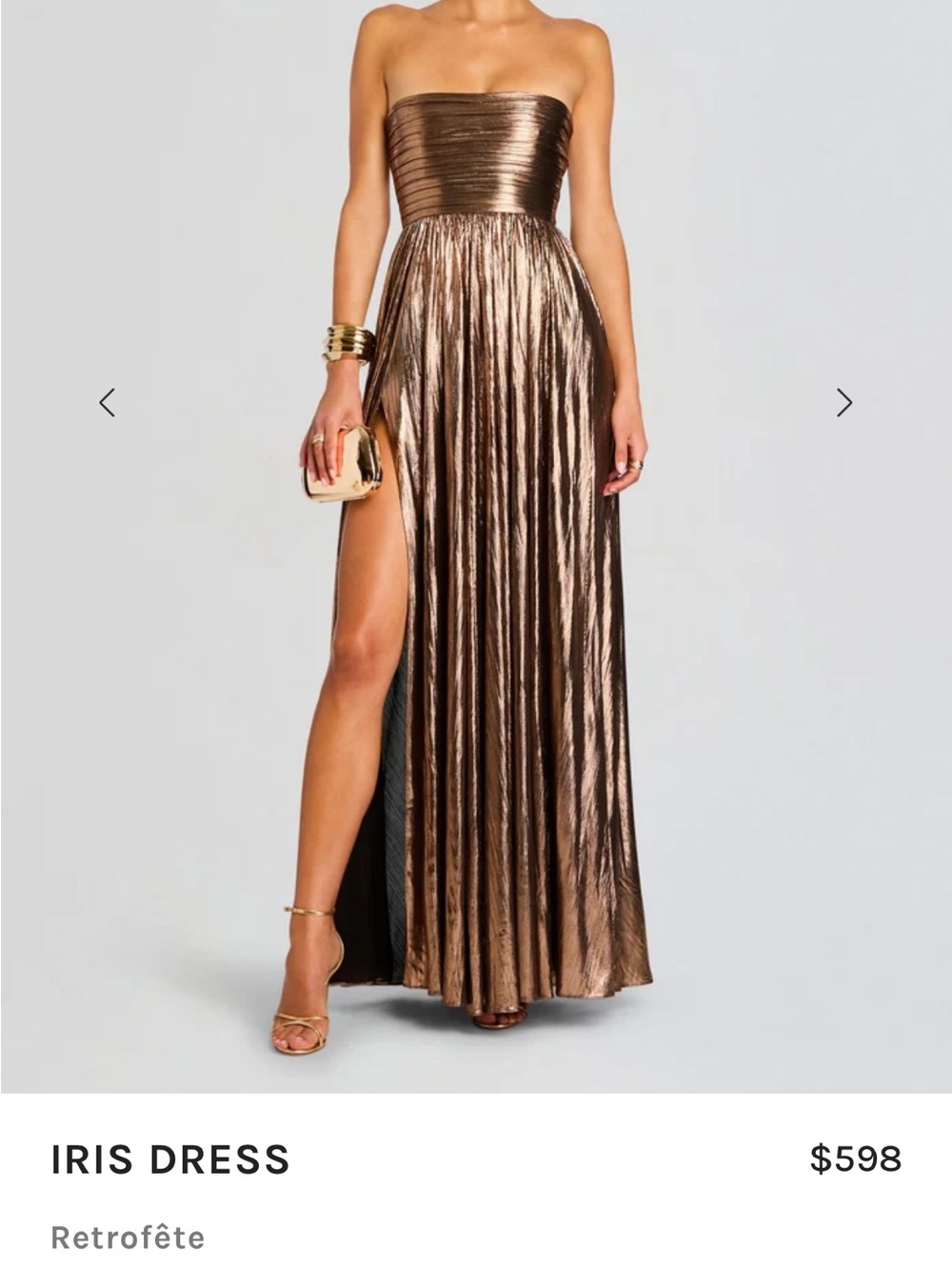 RetrofĆŖte Metallic Bronze Strapless Maxi Dress with High Slit